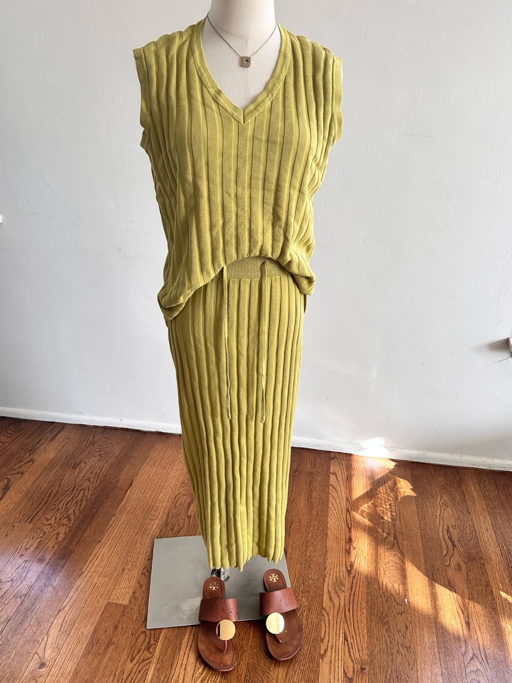Ribbed Knit Chartreuse Two Piece Top & Midi Skirt Set Medium